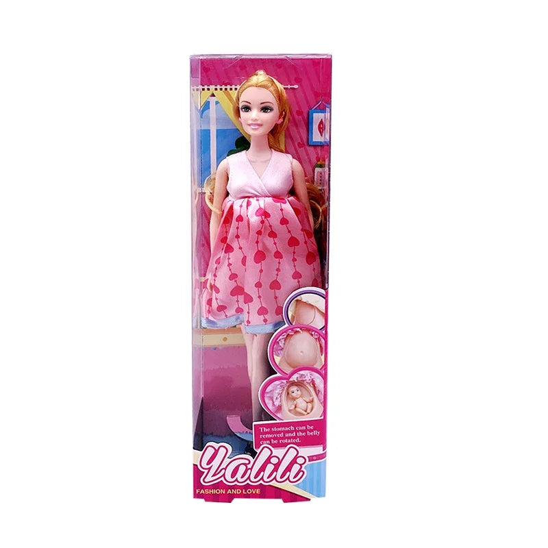 Handmade 11.5 Inches Pregnant Mom with One Baby in Her Belly Doll Girl's Toy Doll with Dress for Girl Color Box 5 Choices