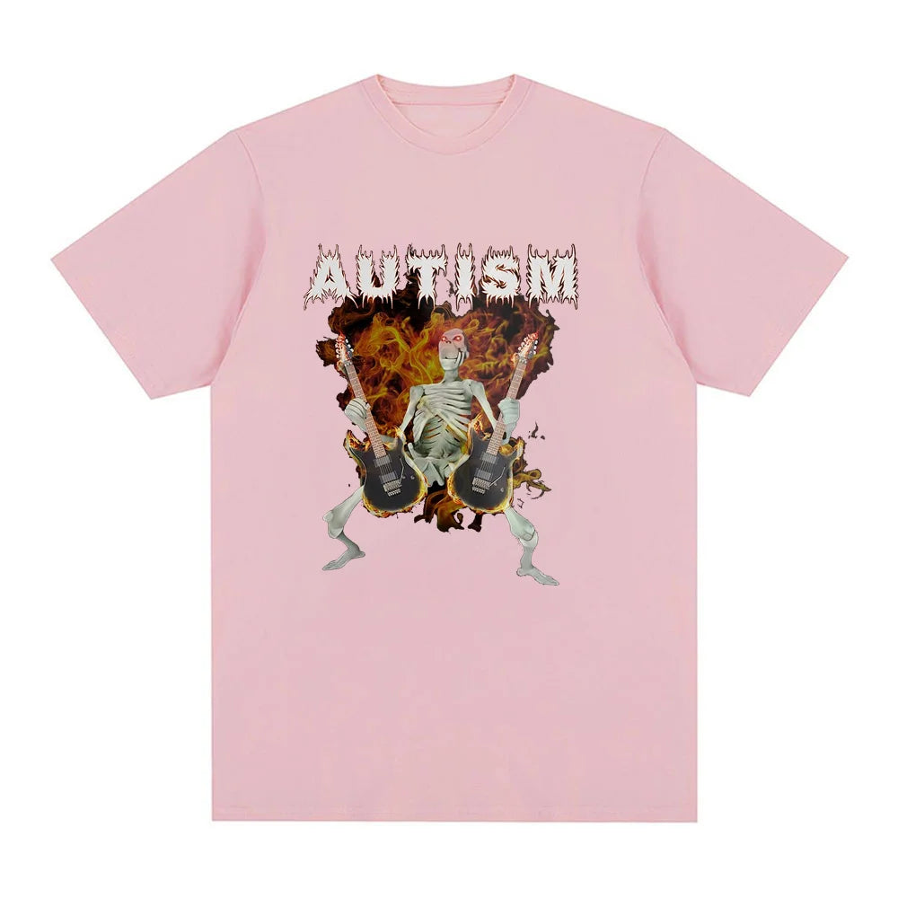 Autism Funny Skeleton meme Print Crew Neck T-shirt, Casual Loose Short Sleeve Fashion Summer T-Shirts Tops, Women's Clothing