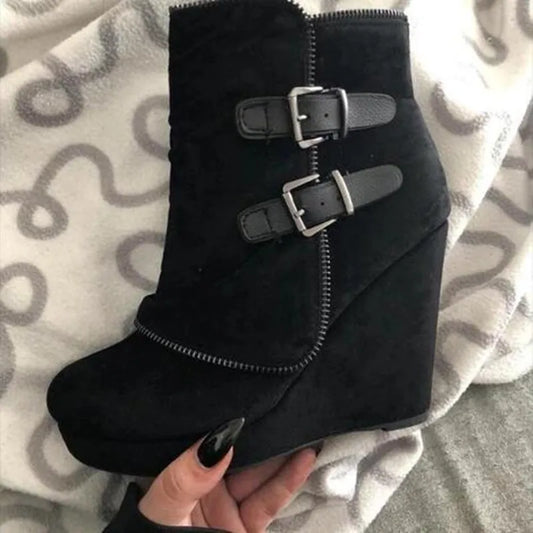 2025 Modern High-heel Boots for Women Ankle Wedges Suede Ladies Shoes Splicing Fake Zip Belt Buckle Height Increasing Daily Wear