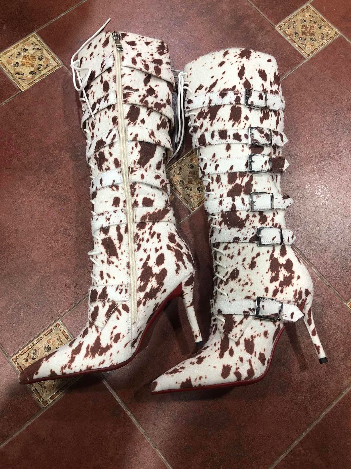Autumn/winter New Women's Fashion Horsehair Metal Belt Buckle Lace-Up Knee-High Boots Stiletto Pointed High-Top Knight Boots