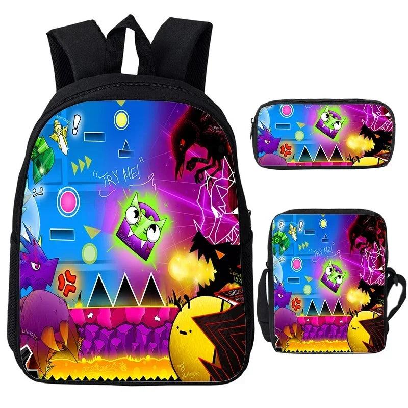 Large Capacity Bookbag 3pcs Set Boys Girls School Bags Angry Geometry Dash Cartoon Print Children Backpack Back To School Gifts