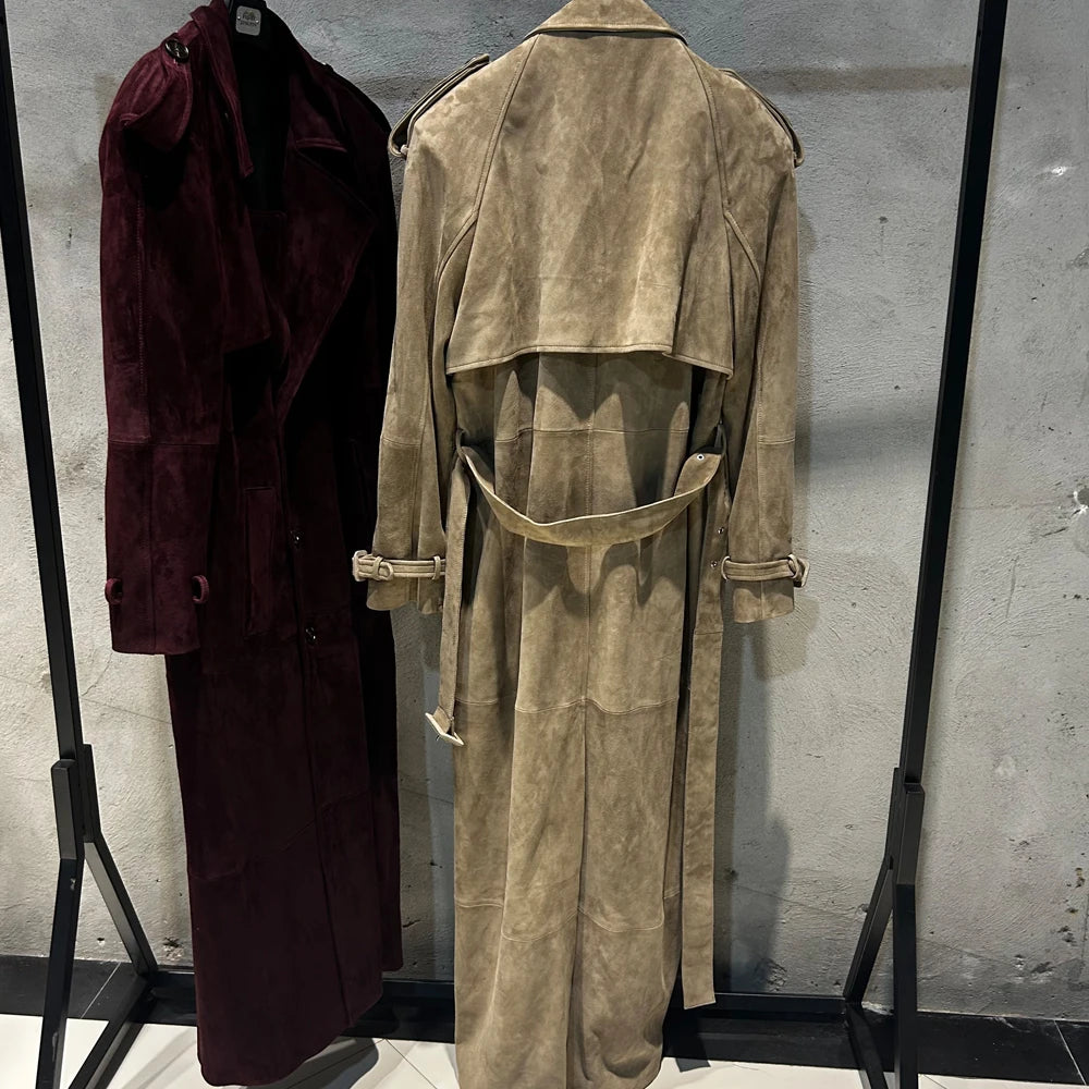 Suede Burgundy Long Coat Double Breasted Windbreak Length 150cm Women's Real Suede Coat