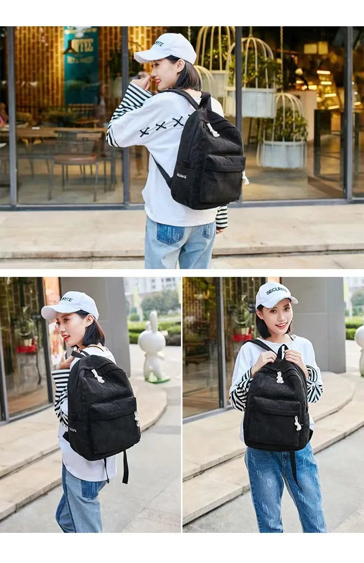 Corduroy Backpack, Academy Fashion School Bags for Middle/High School & College, Cute Tassel Detail, Versatile Casual Daily Bag