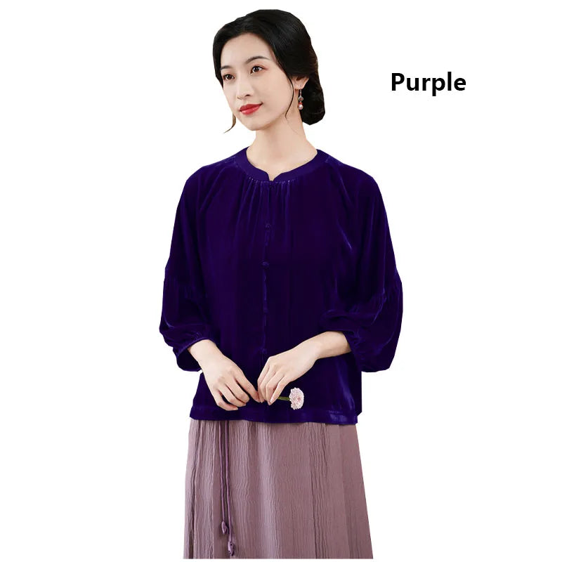 Silk Velvet Shirt for Women, Elegant Temperament Shirt, Mulberry Silk, Vintage Blouse, Violet Light, Comfortable, Spring Autumn