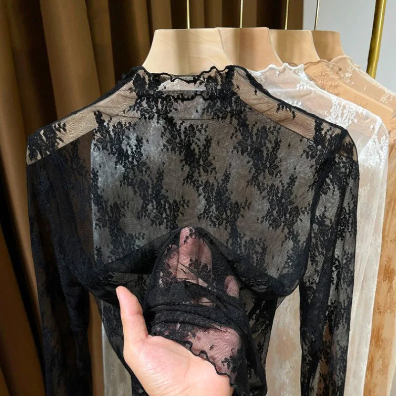 Summer Women Lace Floral Embroidery Blouses  Ladies Tops Sexy Mesh Blouses Transparent Elegant Long Sleeves See-through Shirt