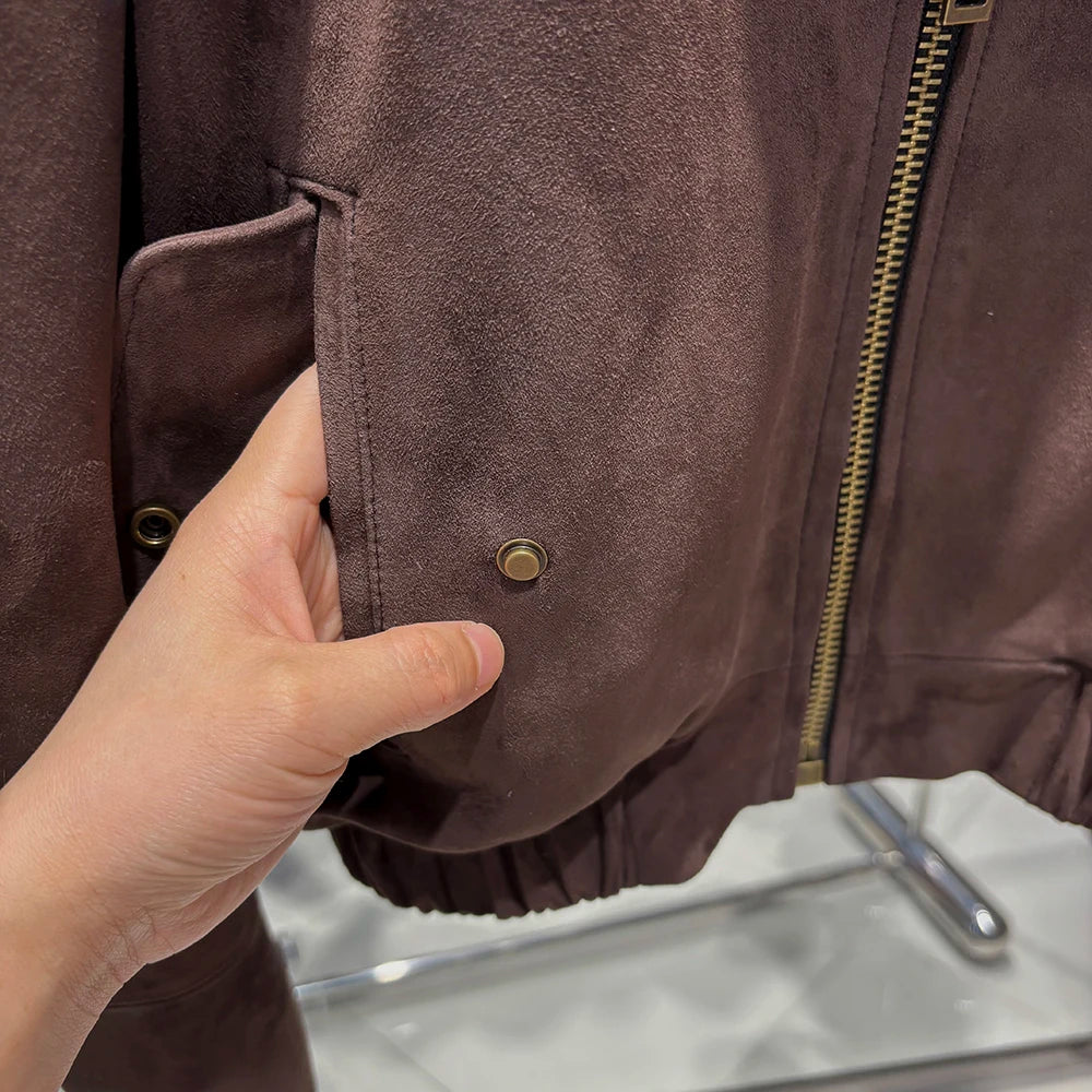 YOLOAgain Suede Leather Jacket Coat Women Real Leather Cropped Jacket Bomber Jacket 2025 Autumn