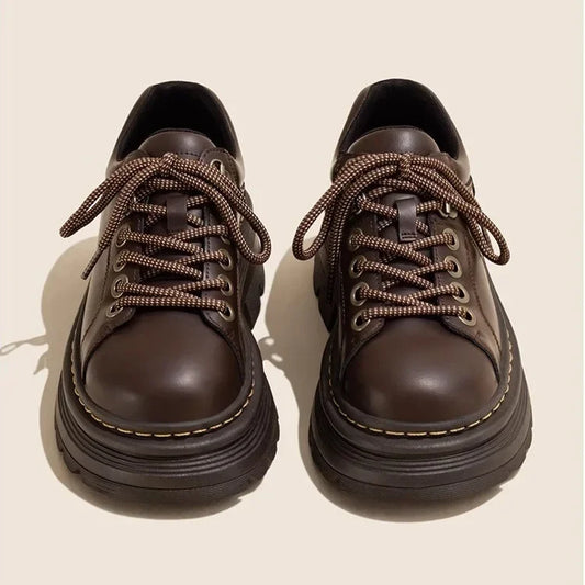 Womens Derby Shoes Autumn British Style Female Footwear Loafers With Fur Round Toe Clogs Platform Casual Sneaker Leather