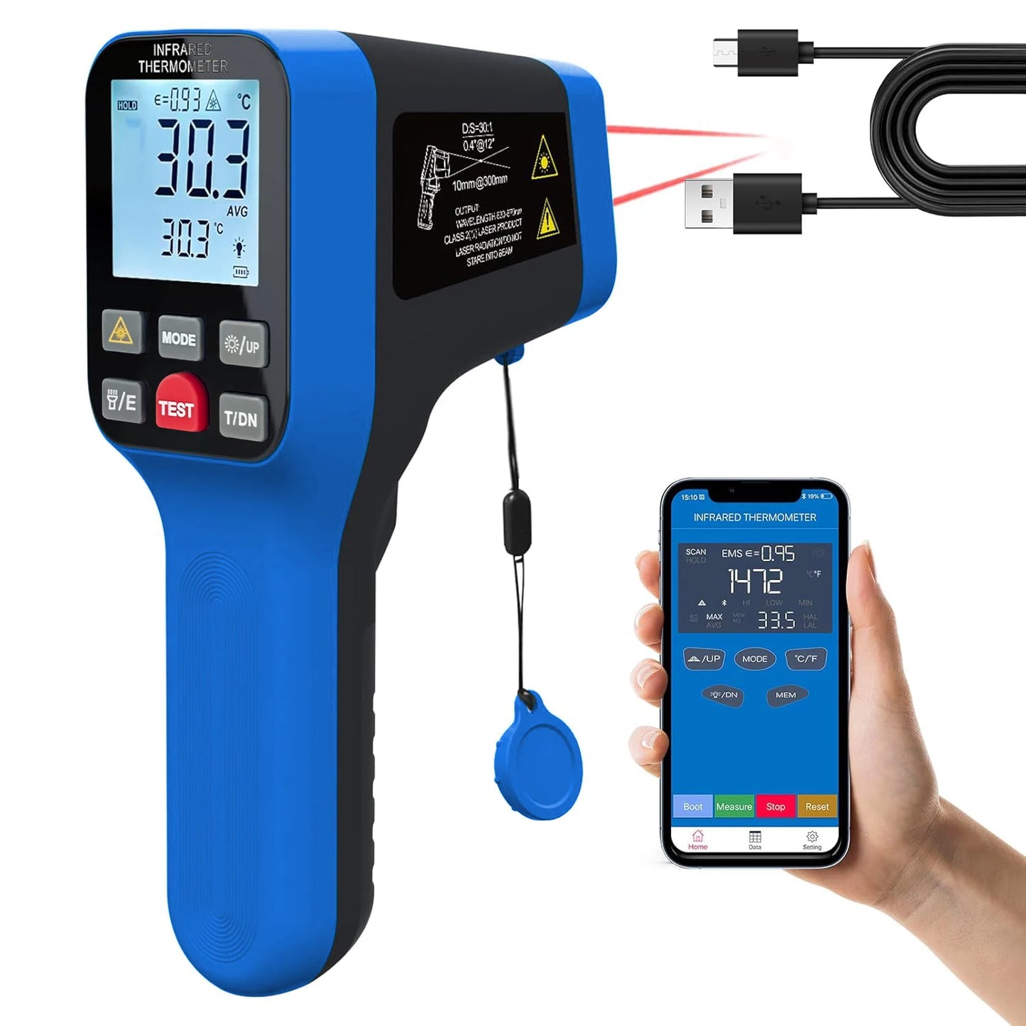 Non-Contact Infrared Thermometer with Laser Targeting - Button-Operated Industrial/High-Temperature Surface Measuring Tool