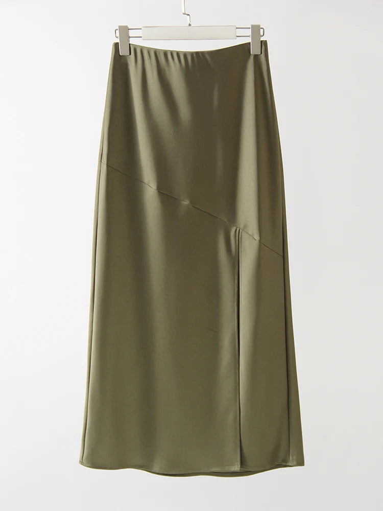 Summer Satin Skirts For Woman Office Maxi A Line Black Silk Skirts With Slit Lady High Waist Women Patchwork Skirt Long Elegant