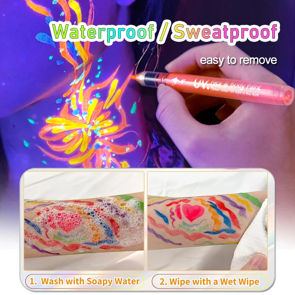 8 Glow in the Dark Body Paint UV Neon Face Paint Pens with 93 Tattoo Stencil Designs for Halloween Carnival Christmas Festival