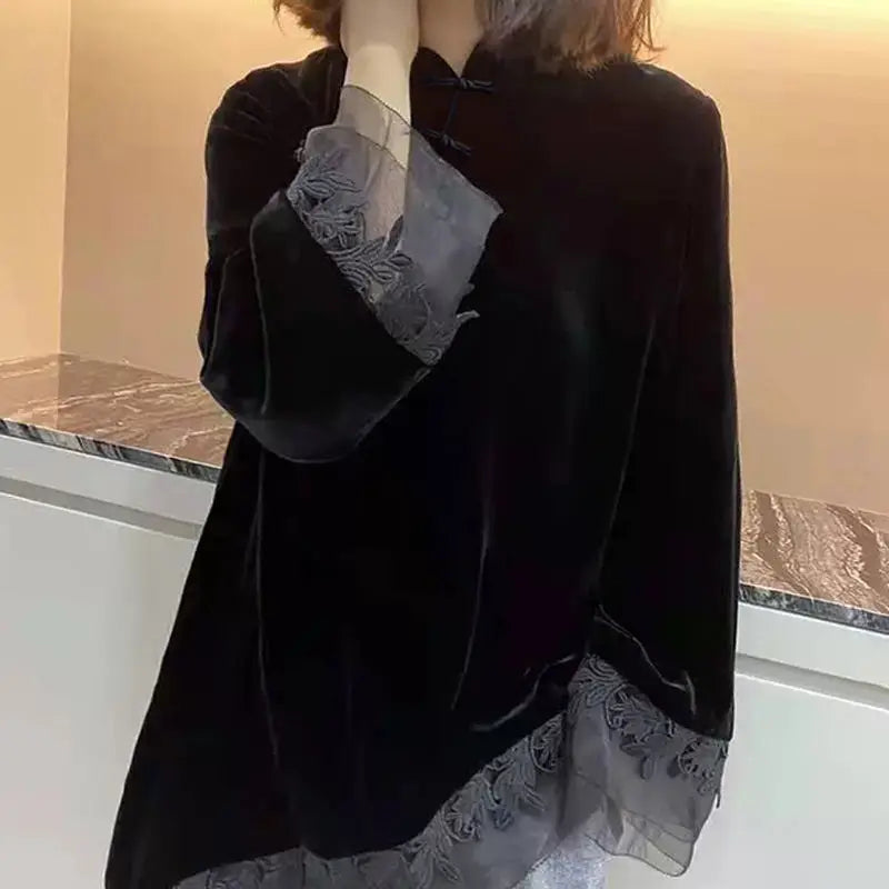 Retro Black Velvet Qipao Top New Chinese Style Stand Up Collar Button Down Bottom Shirt for Women