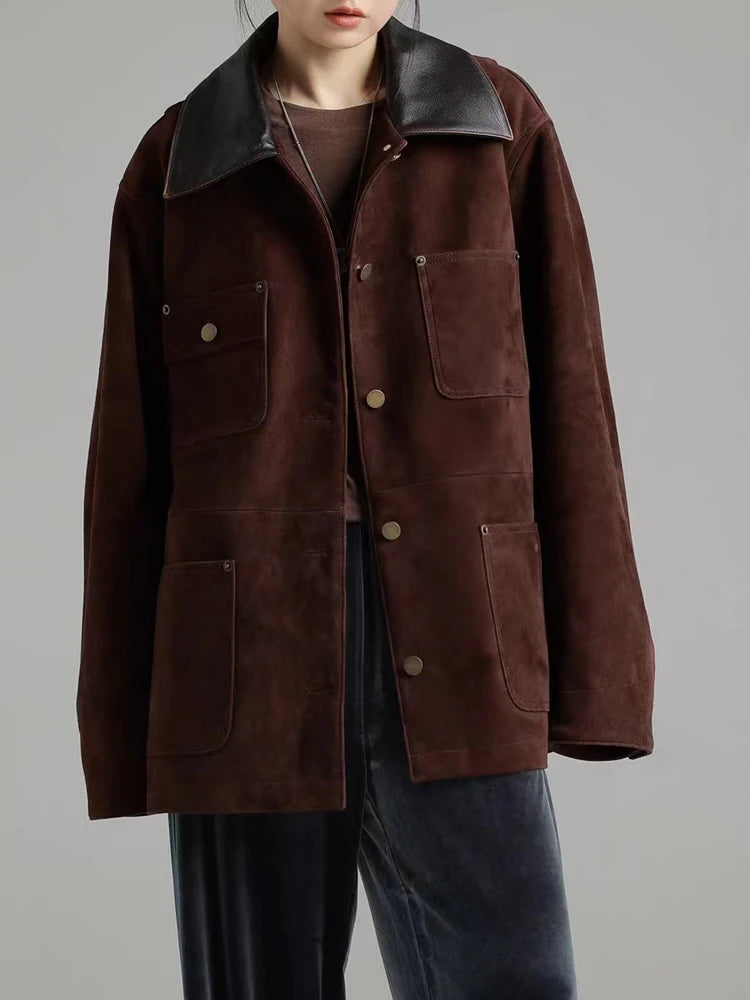 Retro Imported Mixed Sheep Suede Leather Jackets for Women 2025 Trendy Soft Kid Suede Medium Long Outwears Female Trench Coat
