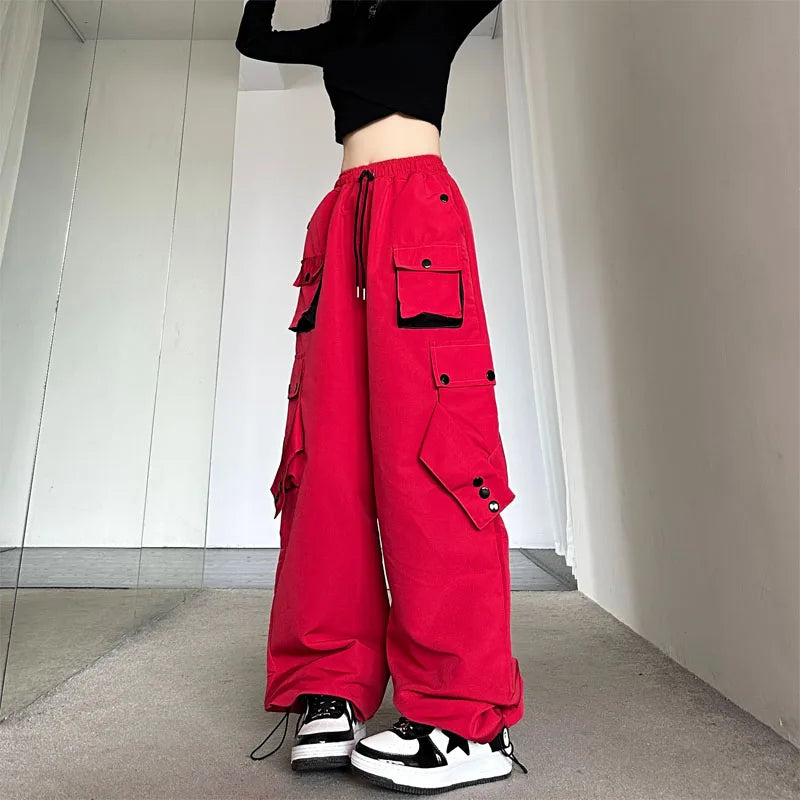 American High Street Workwear Casual Pants Women Loose Color Block Straight Leg Long Pants Pocket High Waist Wide Leg Trousers
