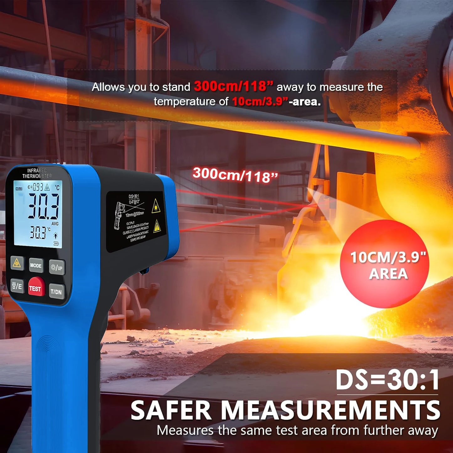 Non-Contact Infrared Thermometer with Laser Targeting - Button-Operated Industrial/High-Temperature Surface Measuring Tool