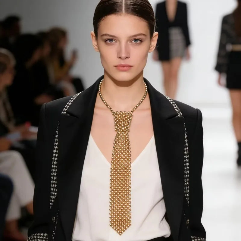 Hand-Made Beaded Necklace Golden Accessory Stylish Luxury Runway Model Jewelry