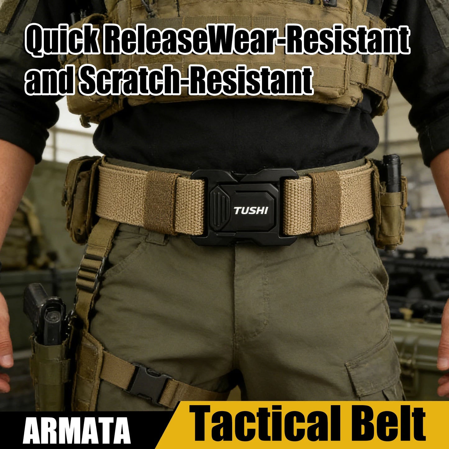 3.8cm Men's Tactical Elastic Belt Aluminum Alloy Quick Release Buckle Wear-Resistant Durable Belt for Tactical Pants Outdoor Hik