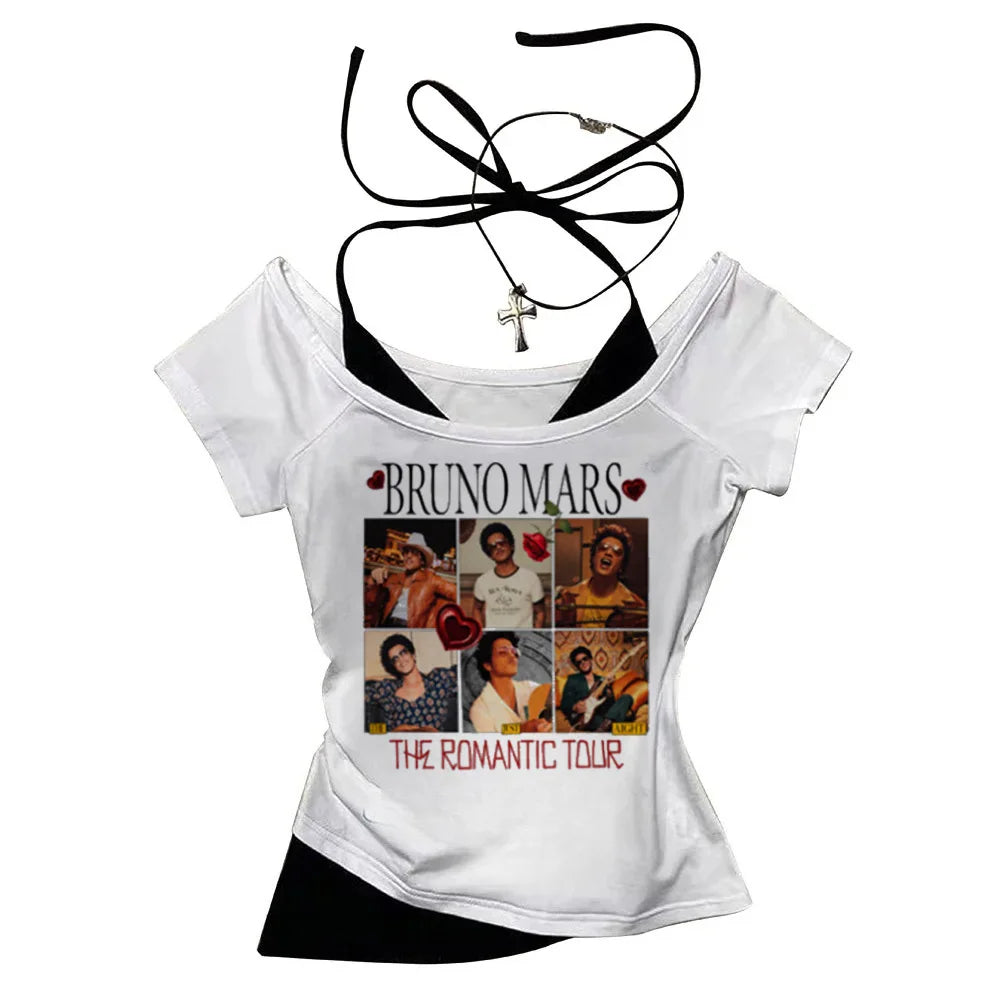 2026 Shirt  Bruno Mars The Romantic Tour Women Fake Two-piece O-Neck Short Sleeves Crop Tops T-shirt