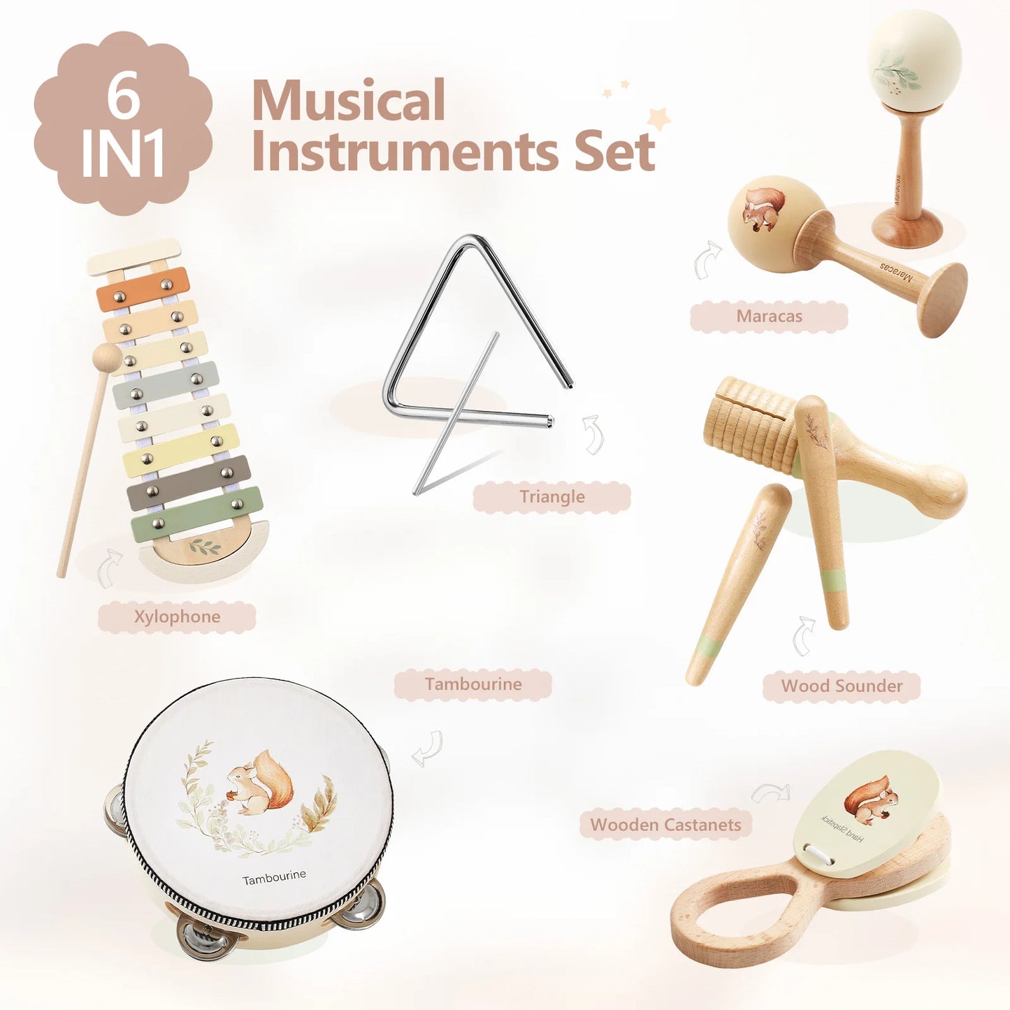 Montessori Musical Instruments for Children Wooden Baby Toys Child Musical Instrument Toddler Toys Squirrel Instrument Sets Gift