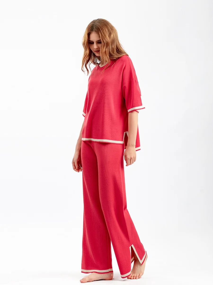 Pants Set Women Two Piece Sets Short Sleeve Spring Knit Tops Loose Casual Wide Leg Long Pants High Waist Y2k Streetwear Spring