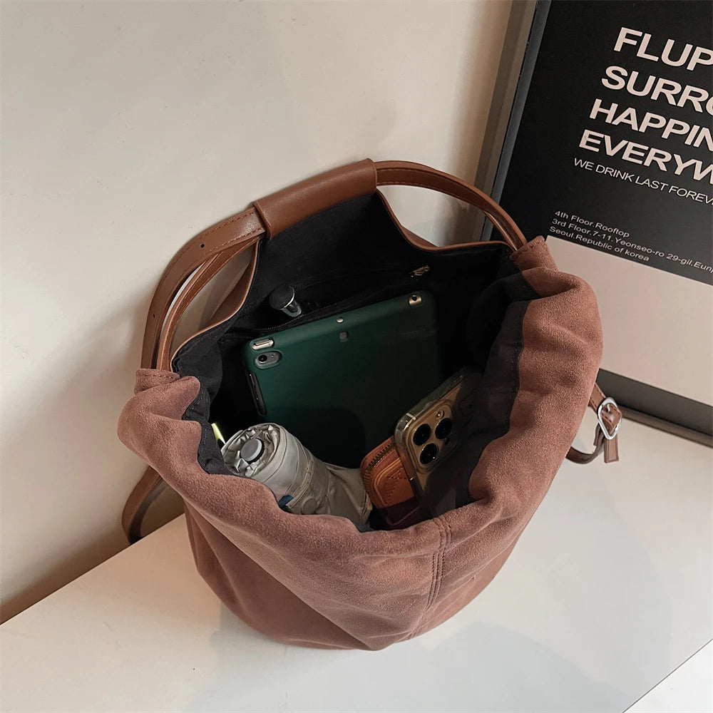 2024 Latest Women Fashion Backpacks Drawstring Bucket Shoulder Bags Soft Suede Large Capacity Rucksack For Travelling Shopping