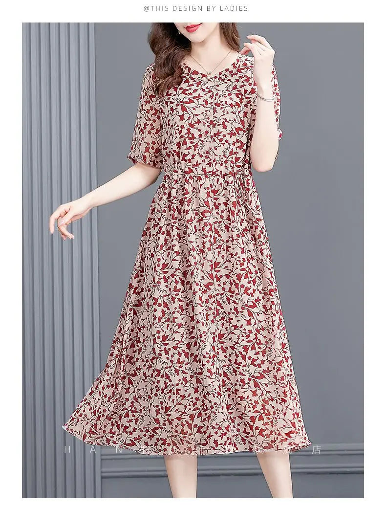 Women's Mulberry Silk Midi Dress V-Neck Three-Quarter Sleeve Red Floral Print Waist Tie Elegant Silk Summer Dress For Mature