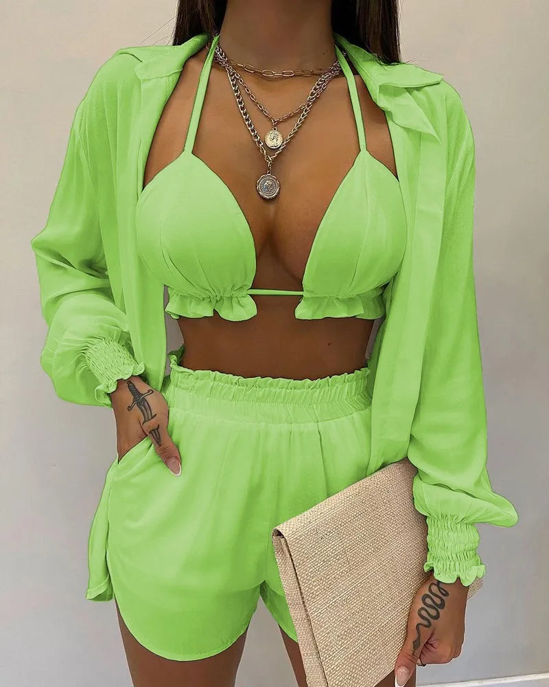 2024 New Bathing Suit Shorts Cover Up Summer Three Pieces Swimwear Sexy Beachwear High Waist Bikini Set Print Women's Swimsuit