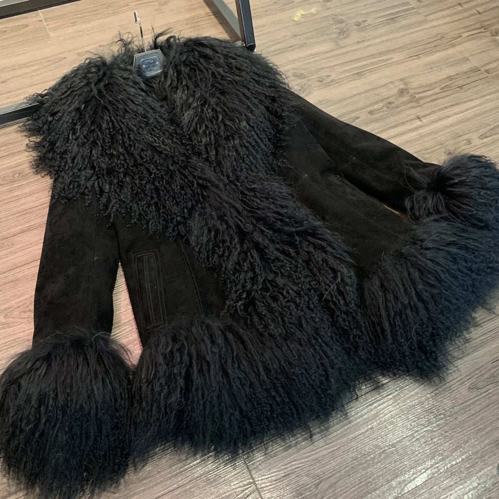 Sheep Collar Coats Women Winter Luxury Mongolian Fur Leather Jackets with Long Sleeve 7251