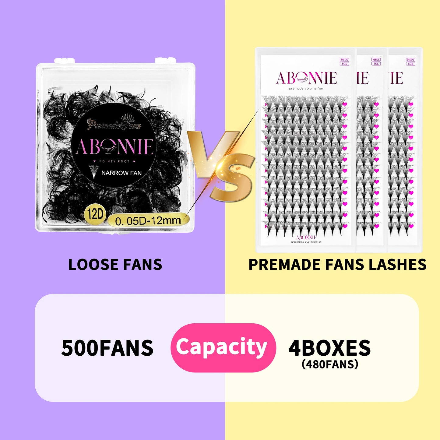 ABONNIE 500 Fans Loose Narrow Fan Lashes 8D-20D 8-15mm Pointy Base Premade Medium Stem Sharp Thin Russian Volume Eyelash