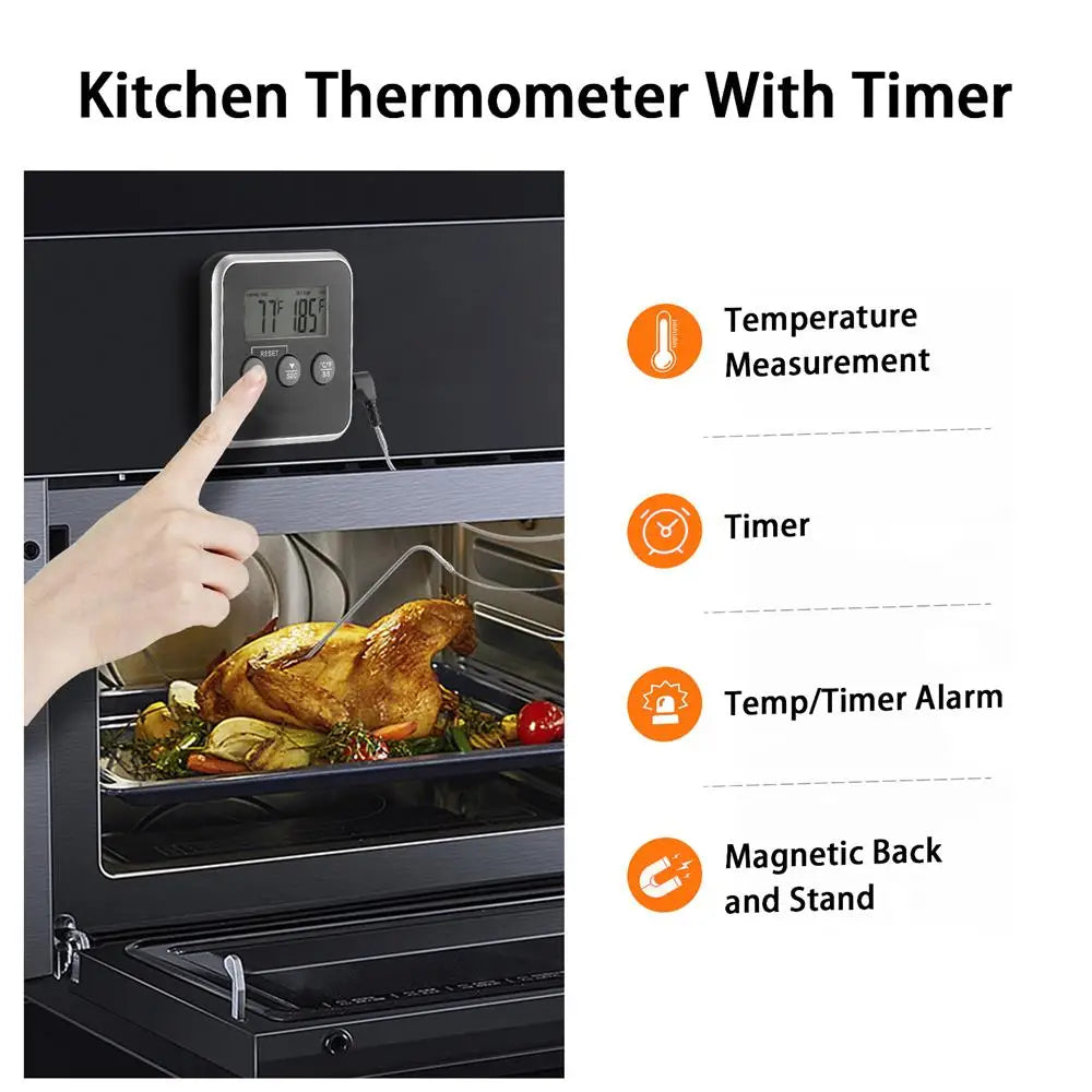 LED Digital Thermometer with Waterproof Probe BBQ Oven Temperature Inspection Instrument Timer High Temperature Alarm