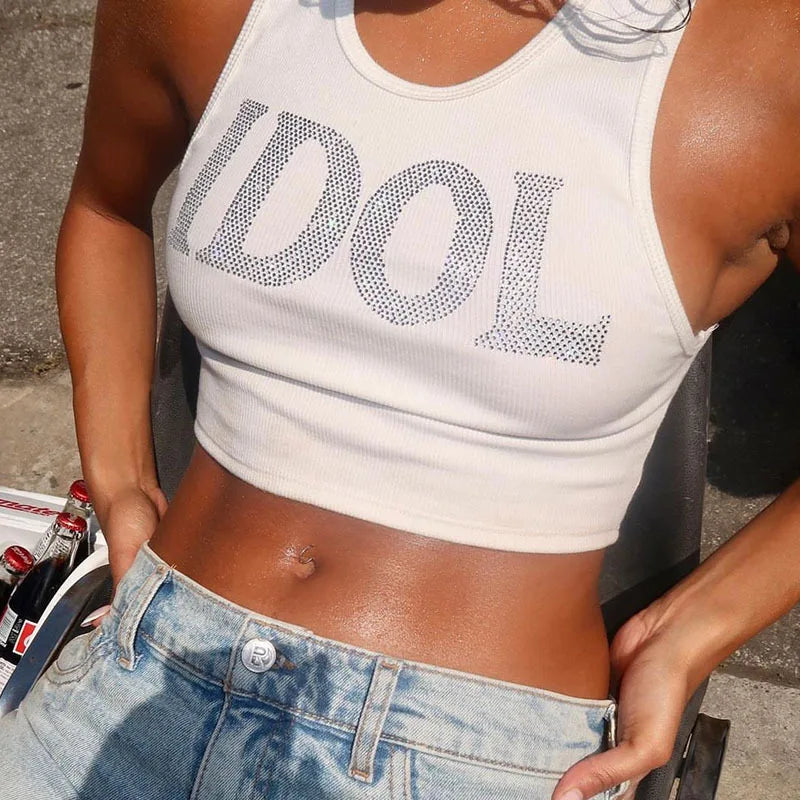 Summer women's punk top Vintage Hot drill sleeveless short top Casual Harajuku women's white T-shirt vest