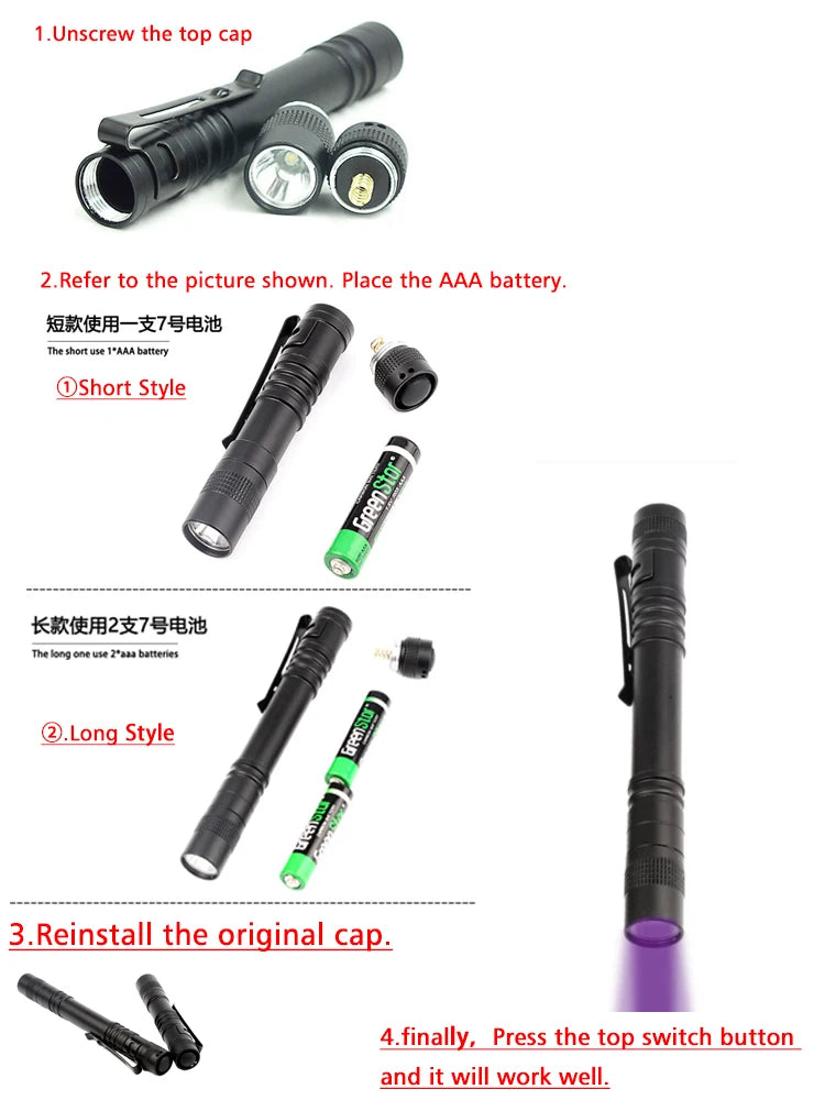 395nm UV Flashlight Ultraviolet Torch With Pen Clip Portable Violet Light Pet Urine Scorpion Detector UV Lamp Use AAA Batteries