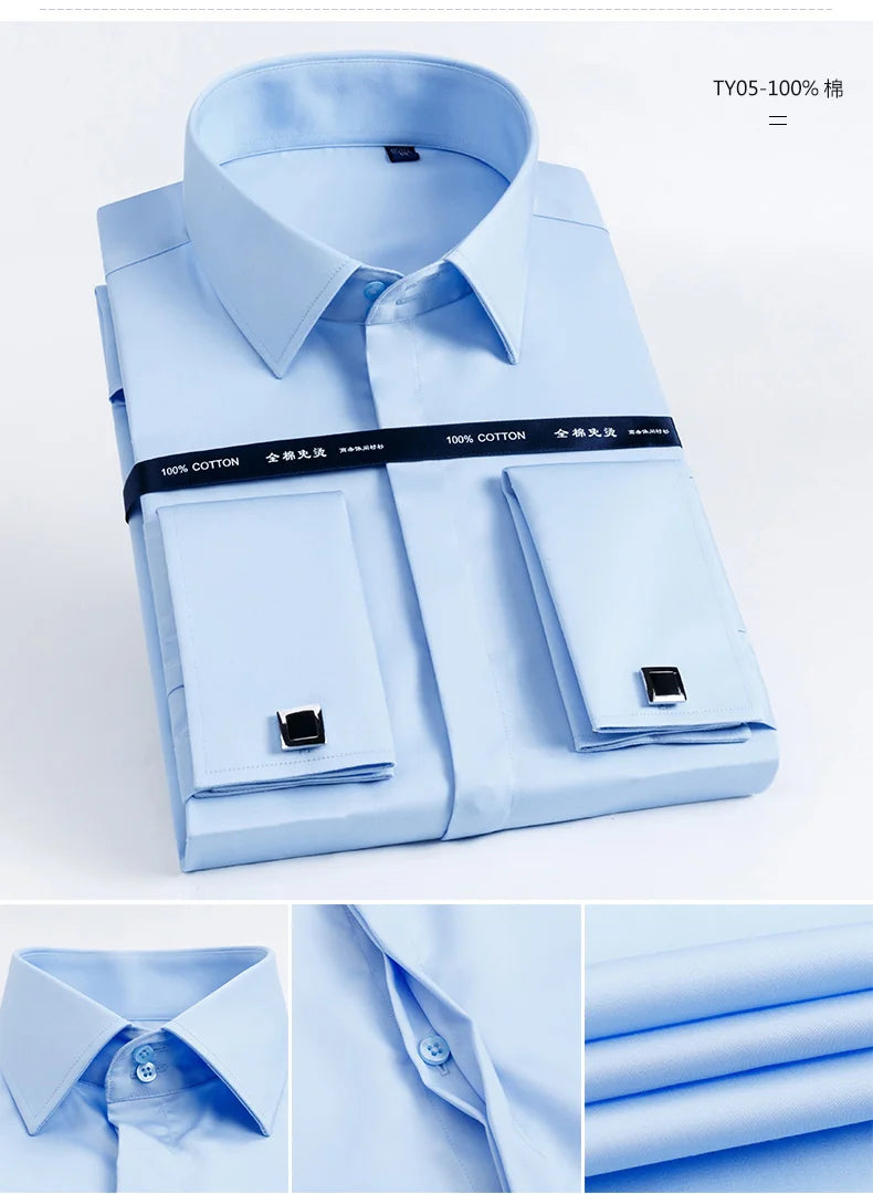 Men's French cufflinks shirt made of pure cotton long sleeved slim fit concealed button, solid color high end wedding dre