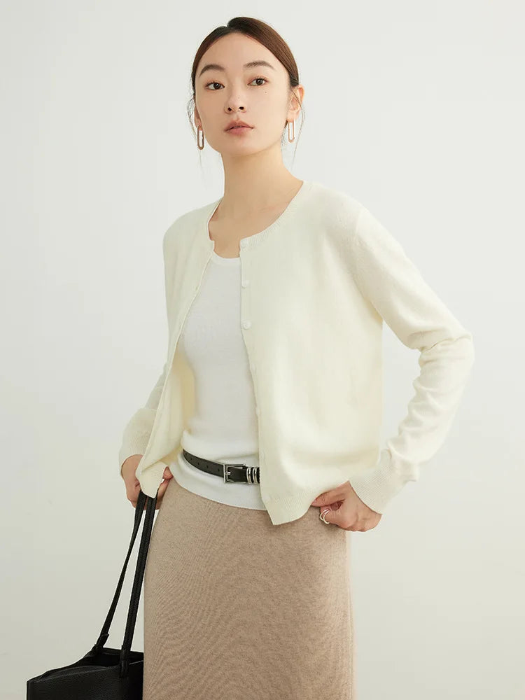 SuyaDream, Cardigans For Woman, 100%Merino Wool, Round Collar, Solid Plain Sweaters, 2024 Fall Winter Jackets, Beige, Black