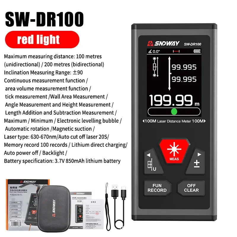 SNDWAY SW-DR60 Dual Laser Distance Meter 60M 100M Bilateral Laser Rangefinder Laser Tape Measure Bidirectional Range Finder