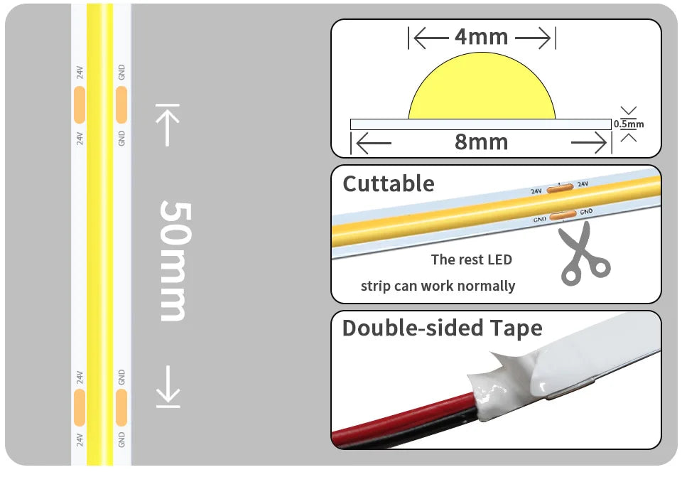 COB LED Strip Lights 12V 24V 10M 5M 3M 2M 1M 320LEDs/M High Density Flexible LED Tape 2700K 4500K 6000K Kitchen Room Decor 8mm