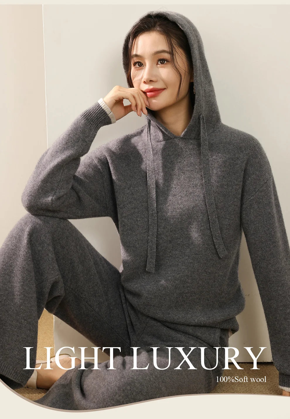 Autumn And Winter New 100 Pure Wool Suit Women Hooded Sweater Wide-Leg Pants Casual Knitting Two-Piece Suit