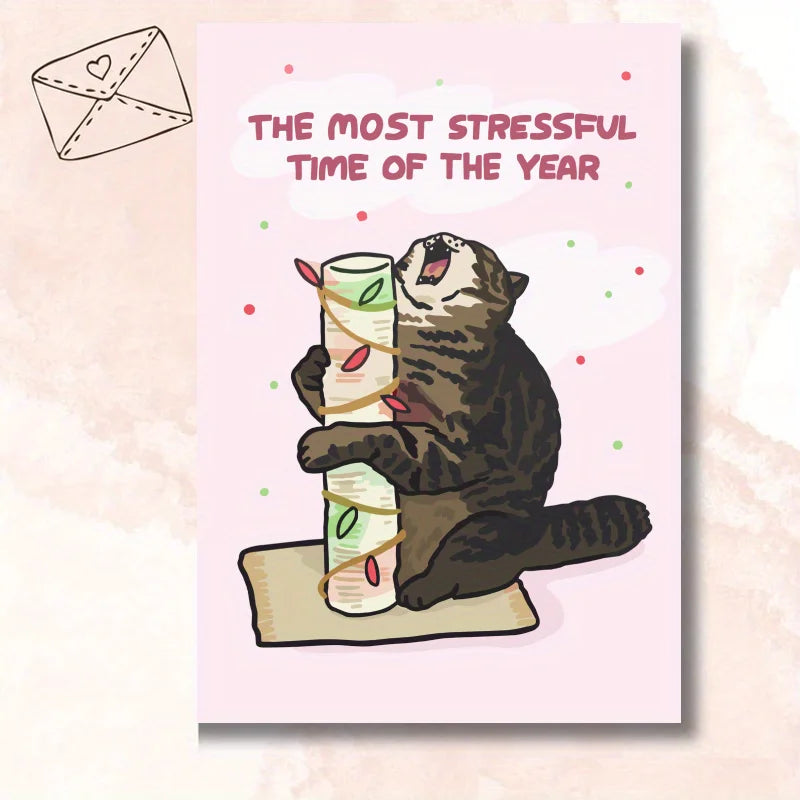 1pc, Christmas card, Merry Christmas, The most stressful time of the year, cat holding a wooden stick, Christmas lights