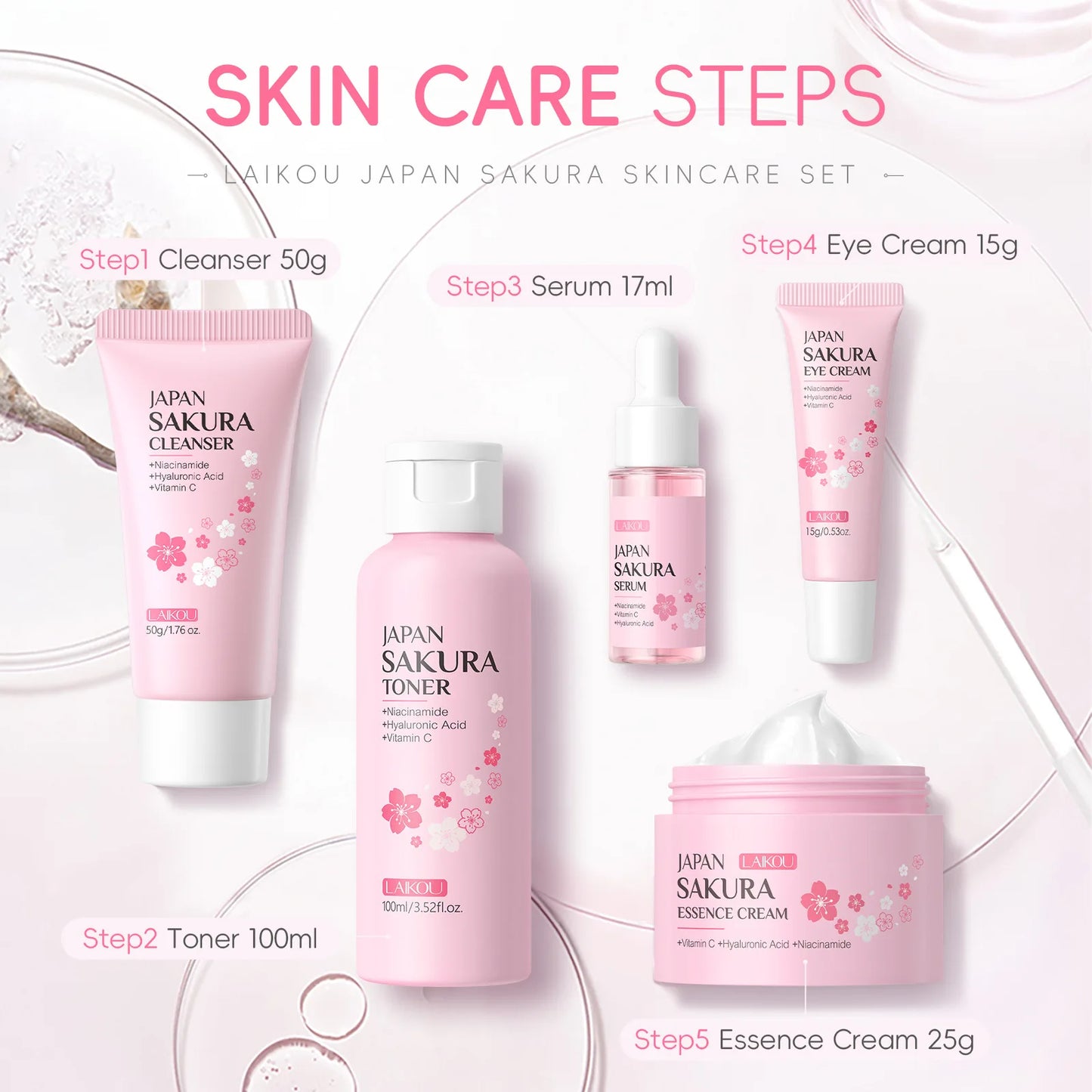 LAIKOU Sakura Kit Skin Care Sets Moisturizing and Reducing Fine Lines Cleansing Pore Product 5-Piece Korean Valentine's Day Gift