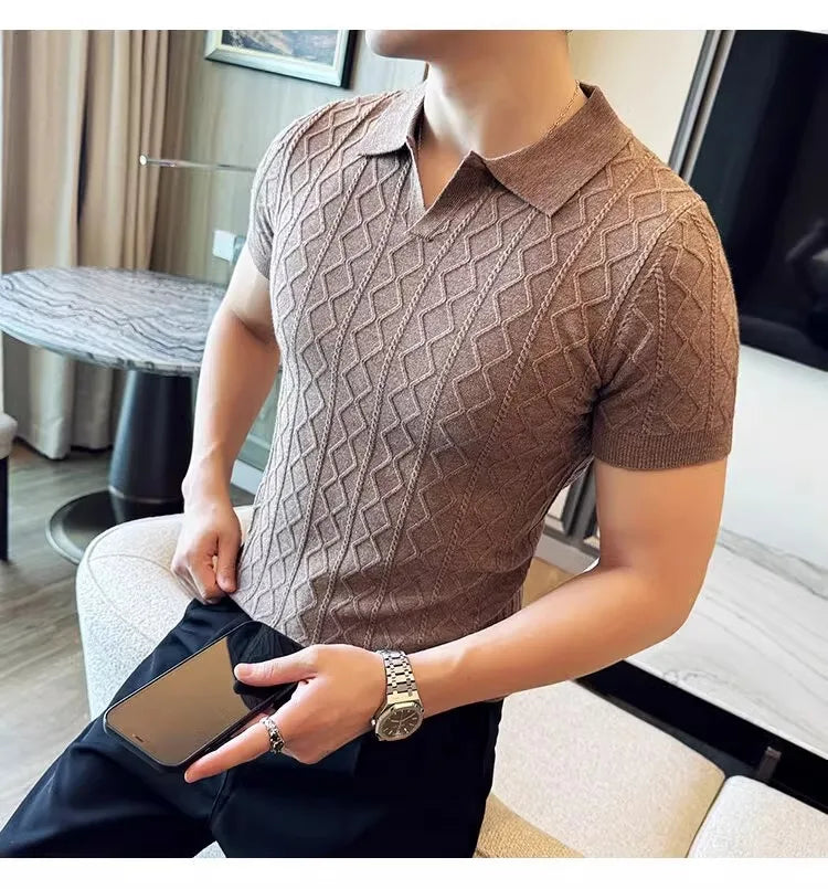 Polo Style Sweaters for Men Summer New Slim Fit Short Sleeve Business Casual T-shirts Male Solid Turn Down Collar Knitwear Tops