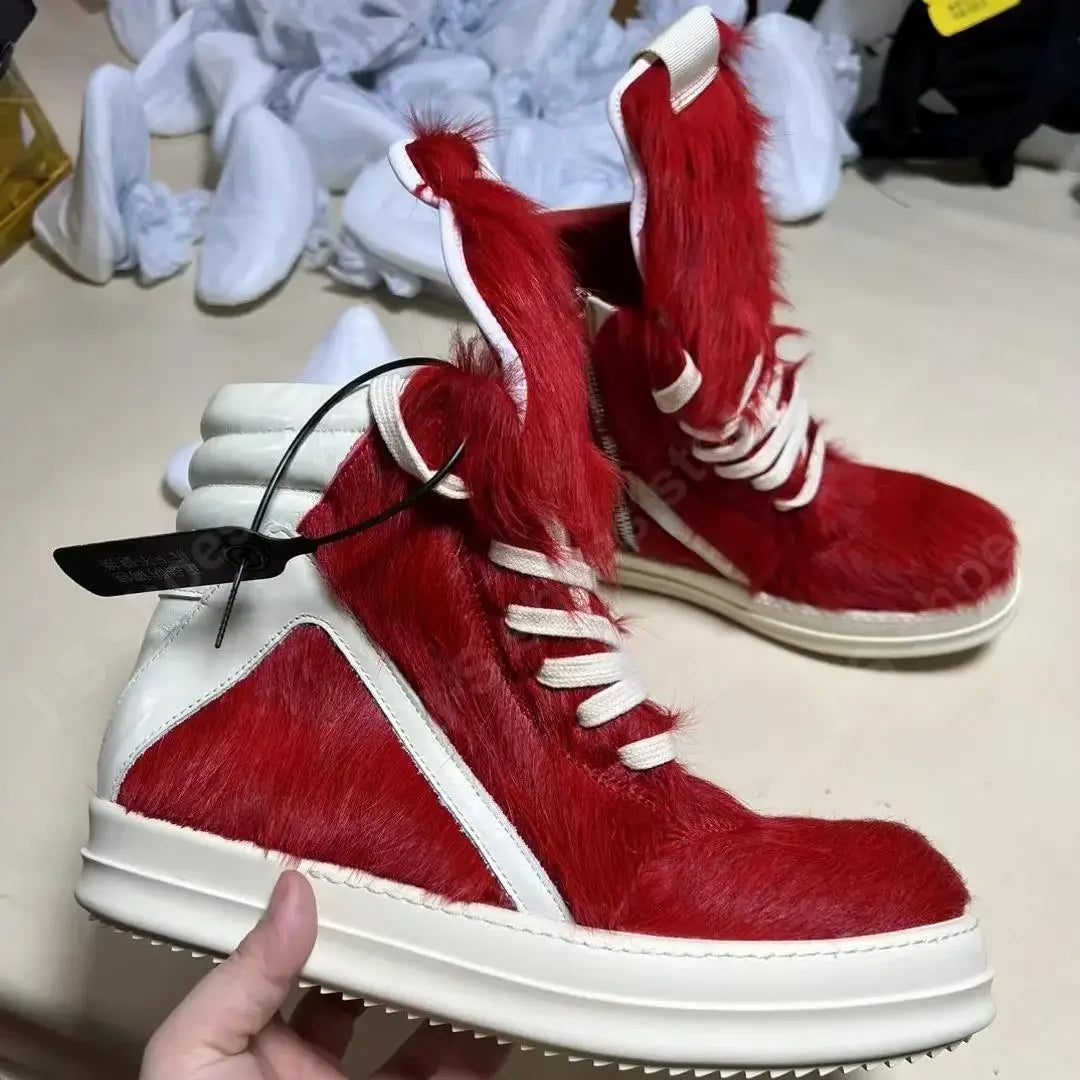Ro Luxury Men Ankle Boot Black Horsehair Boots Women Sneaker Horse Hair High Top Shoe  Casual Shoes Zipper Sneakers