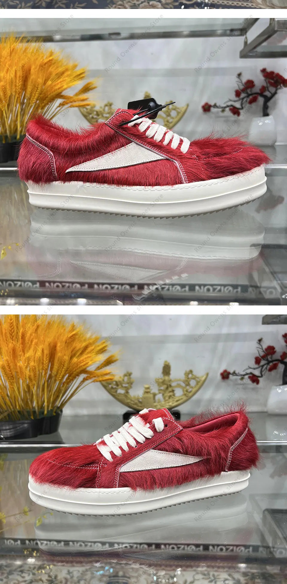 24ss New Horse Hair Low Top Quality Casual Shoes Dark Red Men Genuine Leather Thick Sole Lace Up Luxury Sports Ro Women Sneakers