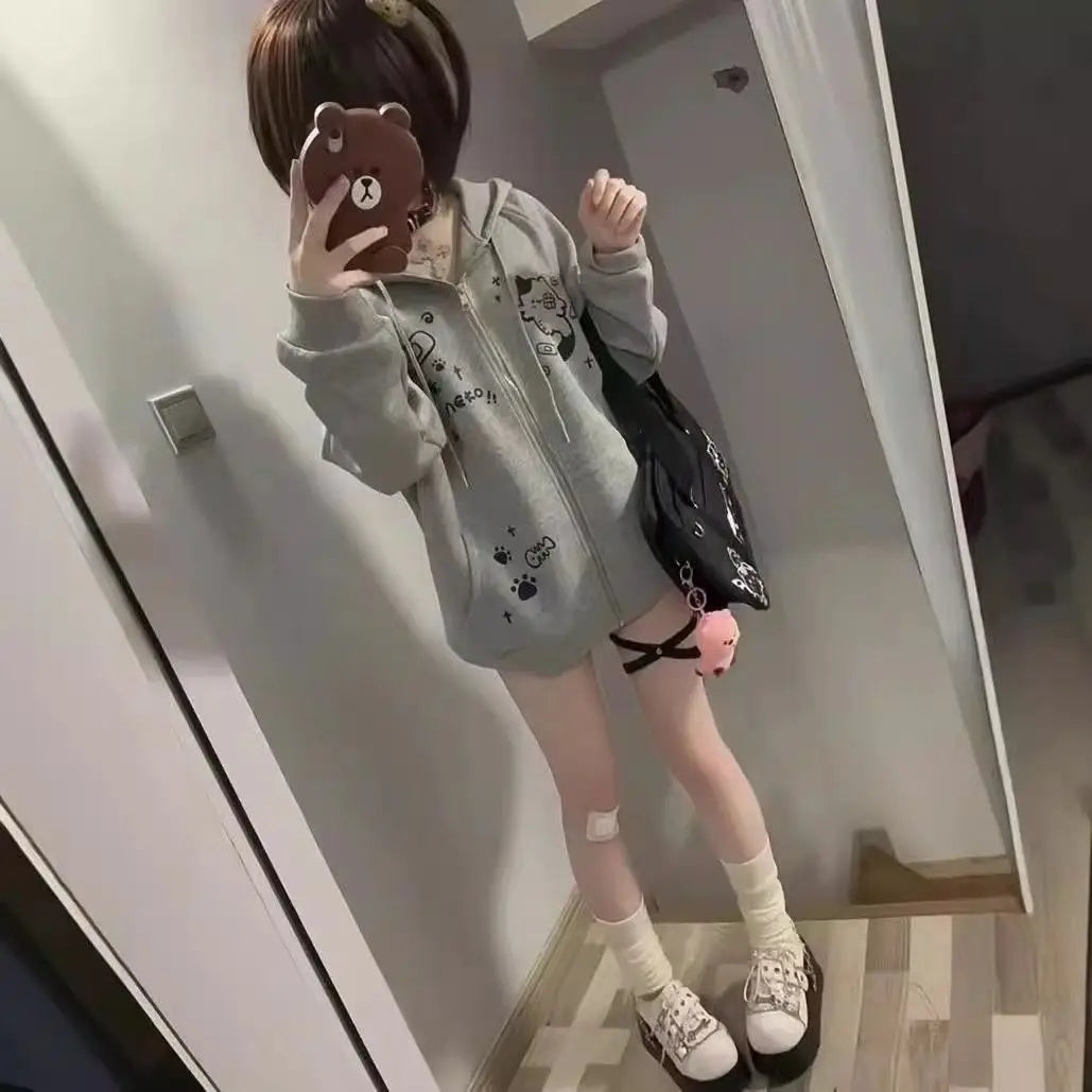 Spring Autumn Jackets Cute Cats Print Zip Up Hoodie Women Streetwear Sweatshirt Y2k Tops Cartoon Japanese Coat Grunge Black Gray