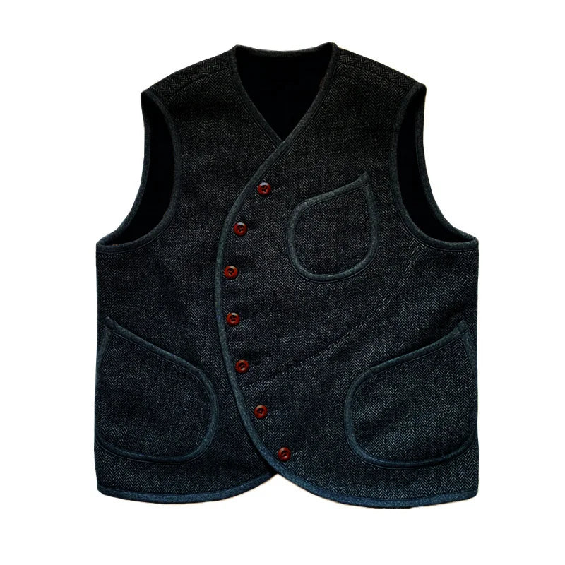 Men's Suit Vest Herringbone Wool Crew Neck Sleeveless Jacket Male Steampunk Waistcoat Vintage