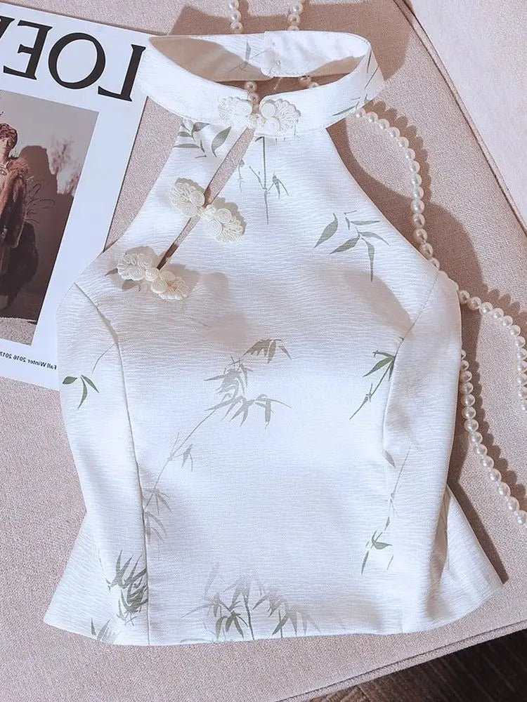 Summer Elegant Vintage Woman Clothing Print Halter Sleeveless Design Camis Tops Retro New Fashion Female Button Casual Chic Tops