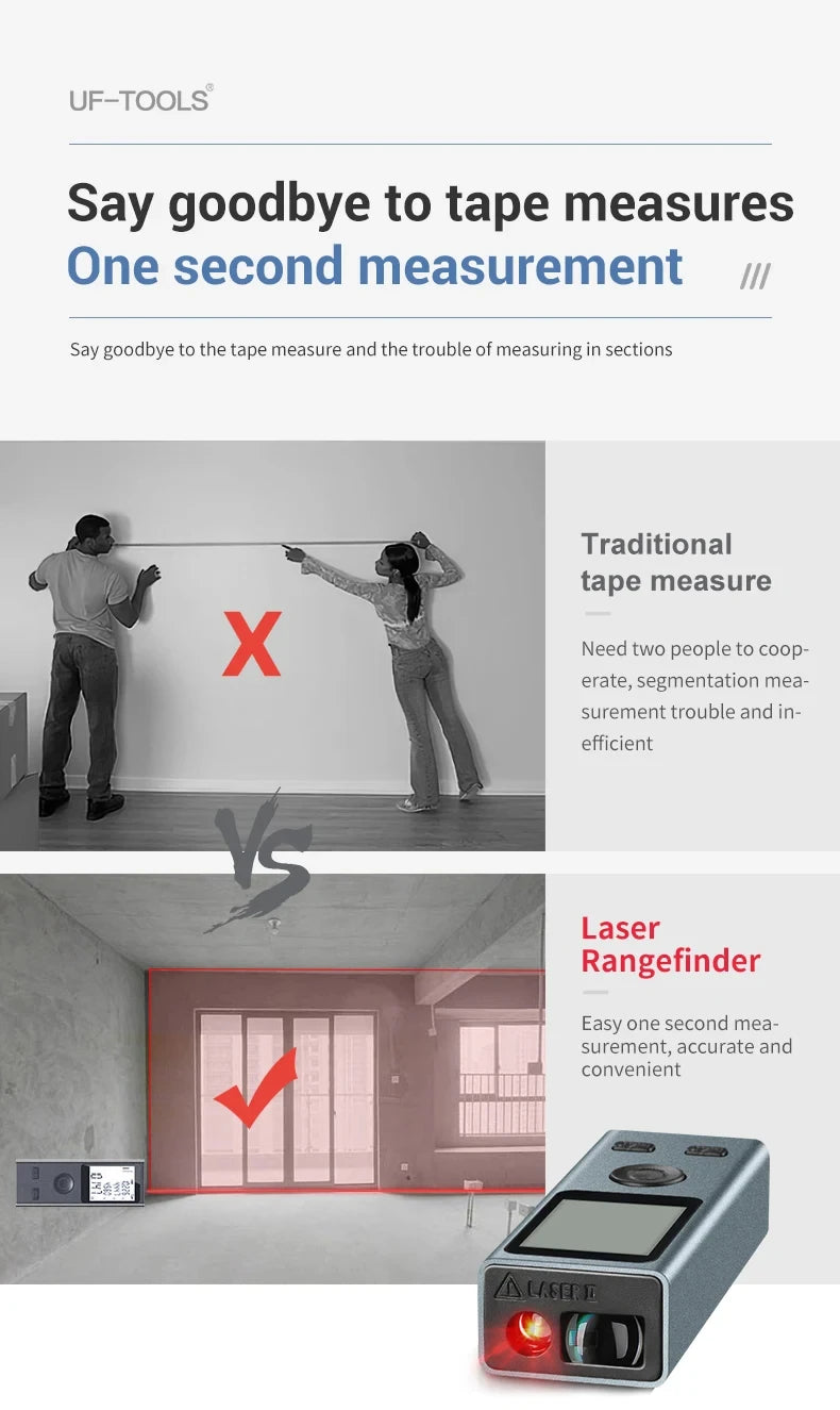 30M Mini Laser Distance Meter USB Rechargeable Infrared Range Finder Digital Laser Tape Measure for Building Measurement & Home