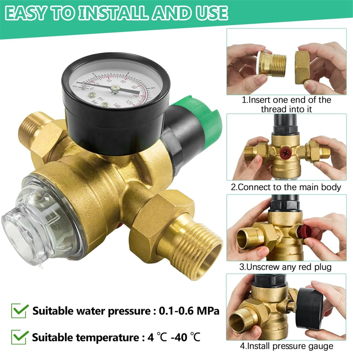 New Pressure Regulator Water 3/4 Inch, Water Pressure Regulator with Water Pressure Gauge and Mesh Filter
