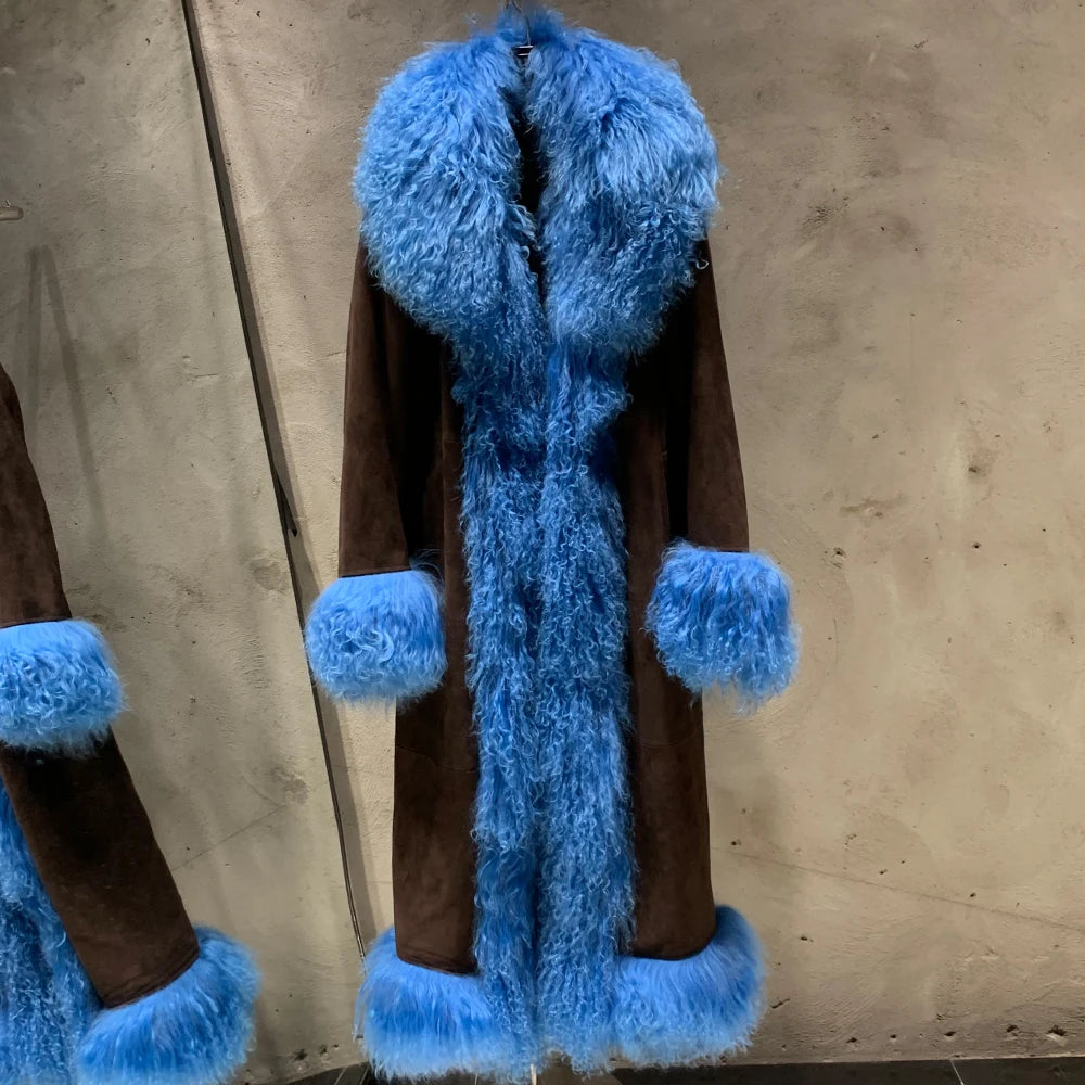 Suede Coat Fur Collar Women Autumn Genuine Sheepskin Coat Long with Mongfolian Fur Trim