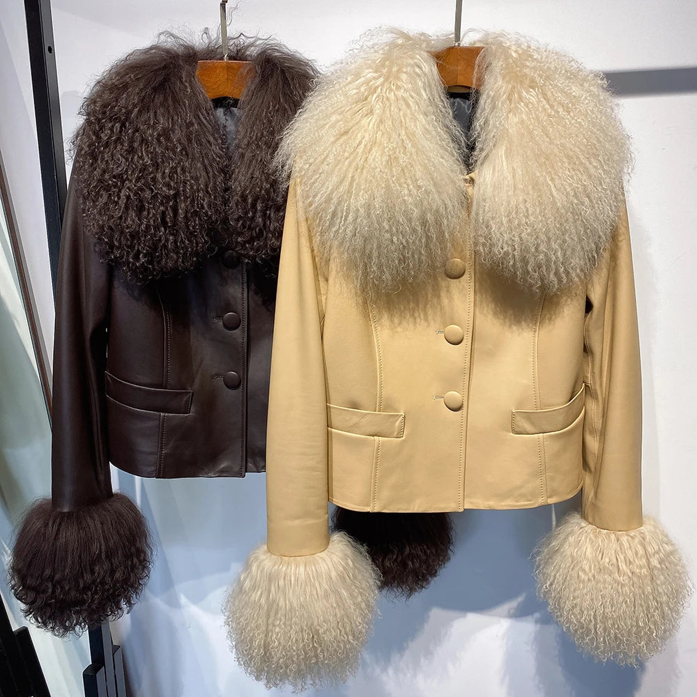 YOLOAgain Women's Mongolia Sheep Fur Collar Real Leather Jacket Single Breasted