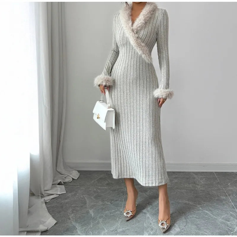 2025 Autumn/Winter Elegant Pure Color Long-Sleeved A-line Skirt Dress
