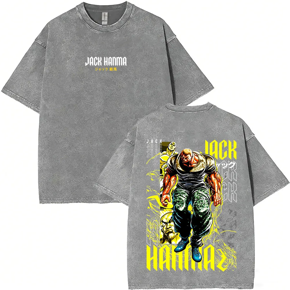 Washed Vintage Anime Baki Hanma Wake Up T-shirt Men Women Retro Manga Oversized T-shirts Men's Casual Cotton T Shirts Streetwear